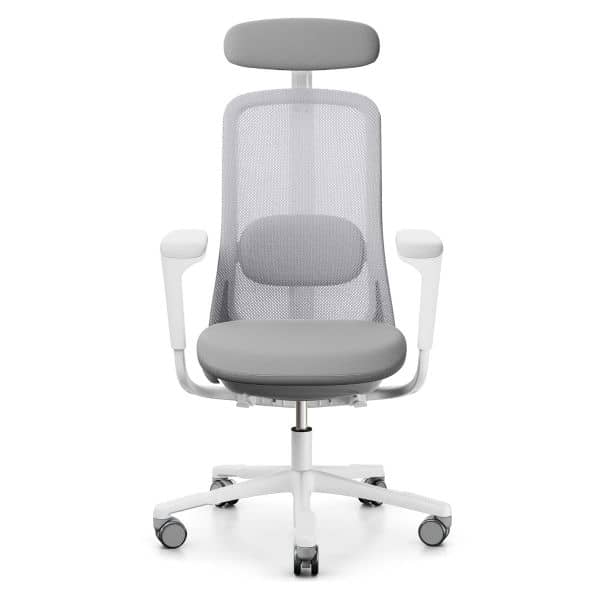 Kontorstol HÅG SoFi Mesh 7500, Slideback Armlene, Hodehviler Og Høy Rygg, Farge: Nexus UNY01 Pewter, Farge base: RAL9016 Hvit Aluminium